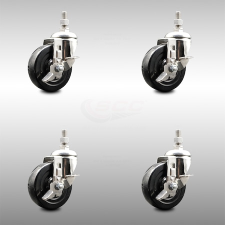 Service Caster 4 Inch 316SS Soft Rubber Wheel Swivel 3/8 Inch Threaded Stem Caster Set Brake SCC-SS316TS20S414-SRS-TLB-381615-4